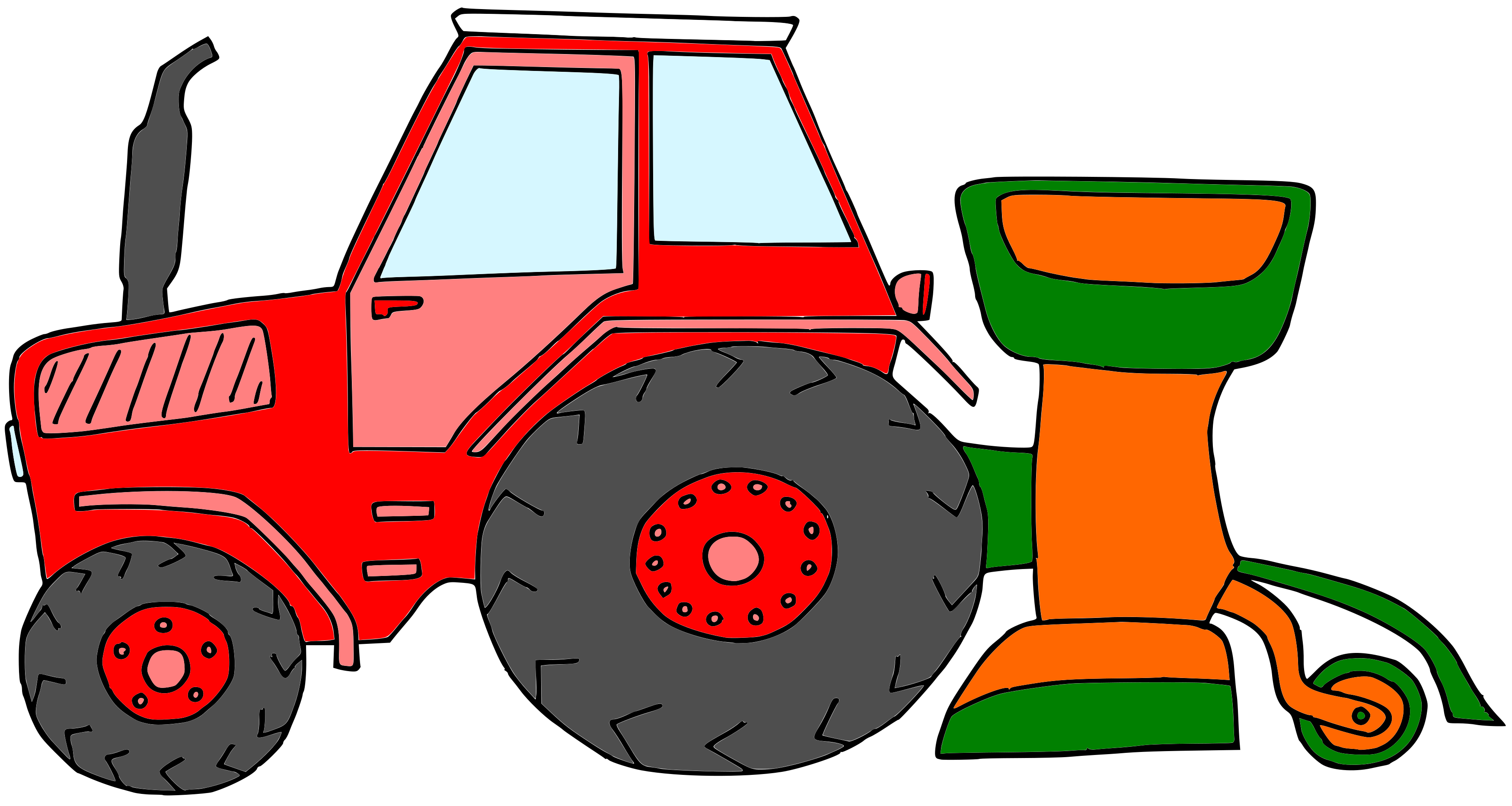 Autorská ilustrace červený traktor secí stroj Hravé stroje